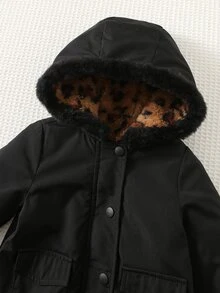 Cozy Pixies 女嬰休閒日常舒適豹紋抓絨內裡連帽前開襟加厚針織冬季外套 - 黑色 - 查看 3