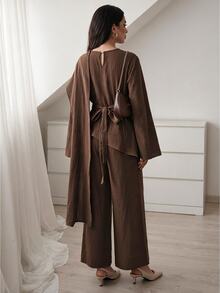 Elenzga Women's Standard Size Autumn Coffee-Colored Textured Pleated Fabric Set, Cross-Wrap Ribbon Flare Sleeve Top + High-Waist Slightly Flared Long Pants, Light Luxury Exquisite Minimalist Style, Suitable For Daily Commute, Dating, Casual Outings - Brown - View 2