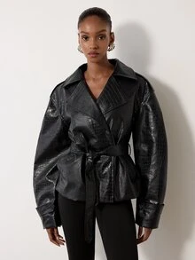 MERLEAU Women's Modern Sexy Elegant Black Textured Belt Design Jacket Night Out Fall - Black - View 3