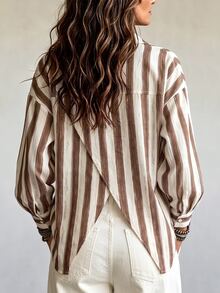 SHEIN Franclia Women's Striped Casual Versatile Daily Commute Shirt - Coffee Brown - View 2