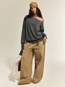 SHEIN Women's Washed Distressed Dark Gray Rivet Buckle Sweatshirt, American Lazy Loose Drop Shoulder Long Sleeve Asymmetrical Shoulder Top, Niche Casual Outing Top, Autumn Outfit - Black - View 3