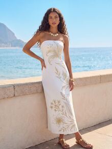 CAJUNI Women's Floral Print Fashion Strapless Vacation Dress White And Gold Summer Elegant Tropical - Beige - View 1