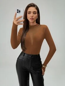 SHEIN Raffinéa 女款時尚透視網紗拼接長袖手指孔連身衣 - 棕色 - 查看 8
