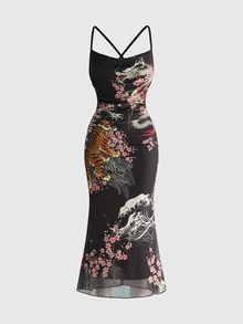 ROMWE Fairycore Women's Floral Tiger Print Casual Daily Summer Spaghetti Strap Dress - Multicolor - View 1