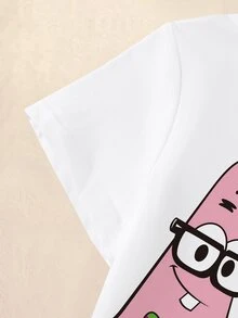 SpongeBob SquarePants | SHEIN 少女卡通圖案印花圓領T恤，適合日常穿著 - 白色 - 查看 9