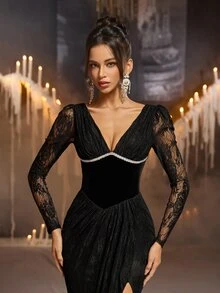Glamrae فستان أنيق فاخر أسود من الدانتيل المرن والقطيفة مع تصميم مرقع بياقة على شكل حرف V وأكمام طويلة وتجاعيد وفتحة جانبية مثيرة بتصميم ذيل السمكة مع زينة من أحجار الراين، مناسب للزفاف والحفلات والعطلات والرقصات والمناسبات الرسمية الأخرى - الأسود - مشاهدة 4