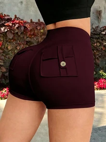 SHEIN Sports 女款黑色針織布料工裝運動短褲，附口袋，短版素面設計，Y2K Katseye 健身減重 Glowmode - 酒紅色 - 查看 2