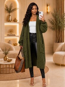 SHEIN Lady Women's Cable Knit Drop Shoulder Long Sleeve Pocket Design Casual Long Cardigan - Black - View 7