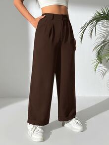 SHEIN PETITE 女款素色休閒百搭日常穿著長褲 - 咖啡棕 - 查看 5