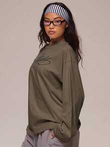 MUSERA 白色圖案Logo細節長袖上衣 冬季休閒日常舒適穿搭酷感女款上衣 - 棕色 - 查看 3