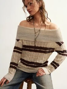 Bohemela Women's Striped Off-Shoulder Long Sleeve Cable Knit Fashion Sweater - Multicolor - View 4