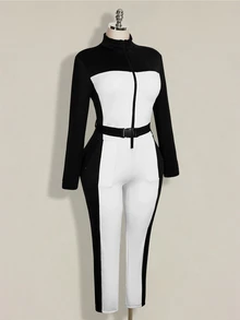 SHEIN ICON Plus Size Retro Y2K Black & White Colorblock Slimming Fitted Thermal Lined Ski Jumpsuit - Black and White - View 6