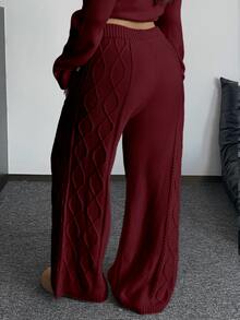 POPSWAY Plus Size Women's Spring/Autumn/Winter Vintage Cable Knit Slouchy Relaxed Fit Solid Apricot High Waist Casual Wide Leg Knit Sweater Pants With Pockets, Suitable For Daily Commute/Home Leisure/Outing Date/Fashion Versatile/Spring/Autumn/Winter Outfit - Burgundy - View 2