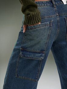 Denimoi بنطلون جينز كارغو بخصر منخفض وساق مستقيمة، جينز عصري، ملابس شارع أنيقة، ملابس يومية رائعة - أزرق متوسط - مشاهدة 4