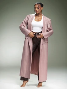 Denimoi Women's Street Style Button Long Sleeve PU Material Coat - Pink - View 1