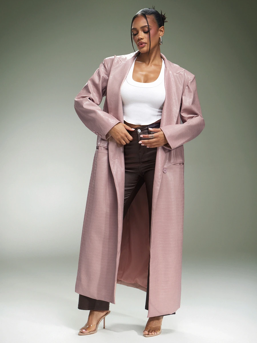 Denimoi Women's Street Style Button Long Sleeve PU Material Coat - Pink - View 1