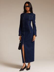 COSMINA Denim Women's Casual Elegant Chinese Style Frog Button Denim Dress - Blue - View 3