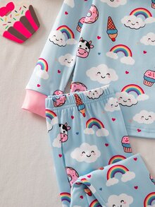 SHEIN 秋冬少女長袖套頭上衣與緊身褲套裝，貼身居家服，滿版可愛動物印花，對比粉色設計 - 藍色 - 查看 8
