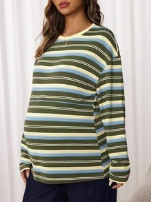 SHEIN ملابس علوية طويلة الأكمام مخططة بألوان متباينة للحوامل والرضاعة - متعدد الألوان - مشاهدة 6