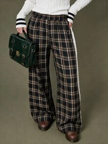 Elnivra Women's Casual Plaid Lace Patchwork Pocket Long Pants - Black - View 3