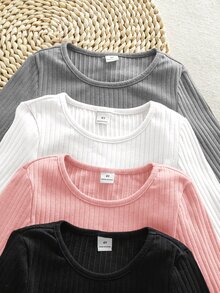 SHEIN Young Girl 4件組針織素色圓領休閒T恤套裝，適合秋季、秋季氛圍、慵懶隨性、農場、戶外 - 彩色 - 查看 6