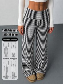 SHEIN Tall 女款休閒卡其色條紋長褲，適合工作與休閒穿著 - 黑與白 - 查看 1