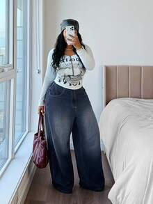 Jeanoix Y2K Plus Size Outdoor Fashion Street Style Flame Pattern Cross Embroidery Blue Denim Wide Leg Pants - Dark Wash - View 6