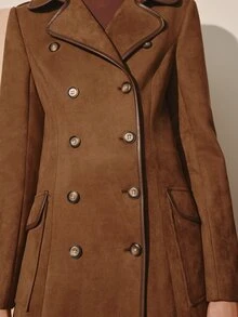 MOTF PREMIUM SUEDE VELVET CONTRAST BLACK PU SPROUT WAIST-CINCHING FLARED DOUBLE-BREASTED MID-LENGTH COAT FOR AUTUMN/WINTER - Brown - View 2