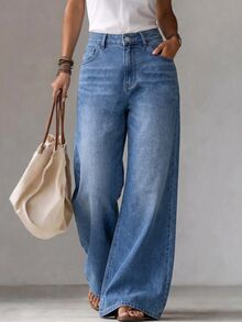 Balvessa Women's Casual Versatile Flare Leg Denim Jeans With Pockets - Blue - View 3