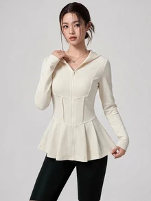 DAZY Women's Casual Minimalist Solid Color Zip-Up Hooded Ruffle Hem Slim Fit Sports Jacket - Beige - View 1
