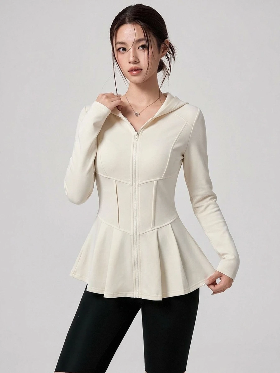 DAZY Women's Casual Minimalist Solid Color Zip-Up Hooded Ruffle Hem Slim Fit Sports Jacket - Beige - View 1