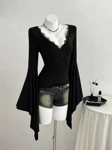 Elamini Women's Solid Color Contrast Lace V-Neck Flared Sleeve Fashion T-Shirt - Black - View 4