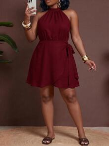 Veslaya Plus Size Women Solid Color Side Knot Fashion Halter Neck Dress - Red - View 6