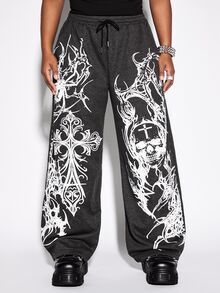 ROMWE Street Life Plus Size Women's Black Casual Streetwear Skull Cross Pattern Sweatpants - Black - View 1