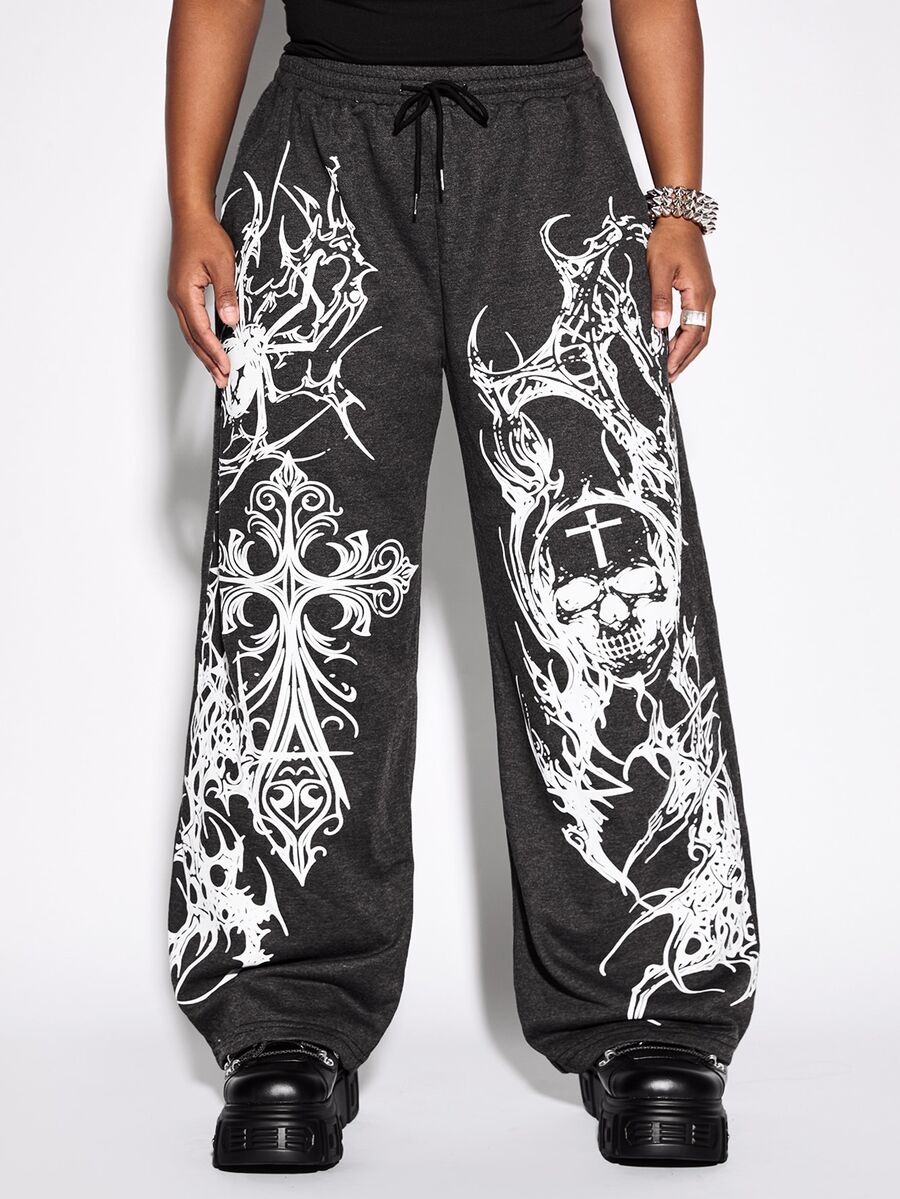 ROMWE Street Life Plus Size Women's Black Casual Streetwear Skull Cross Pattern Sweatpants - Black - View 1