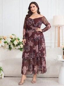 Modelyn Plus Size Women's Spring Summer Autumn Elegant Elegant Party Banquet Floral Print Off-Shoulder Cinched Waist Lightweight Dress - Multicolor - View 7