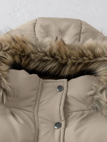 Franclia Women's Solid Color Long Sleeve Single-Breasted Detachable Fur Collar Hooded Winter Jacket - Khaki - View 6
