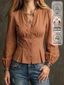 Vavine Women's Brown Contrast Lace Trim Single-Breasted Commuter Blouse - Brown - View 1