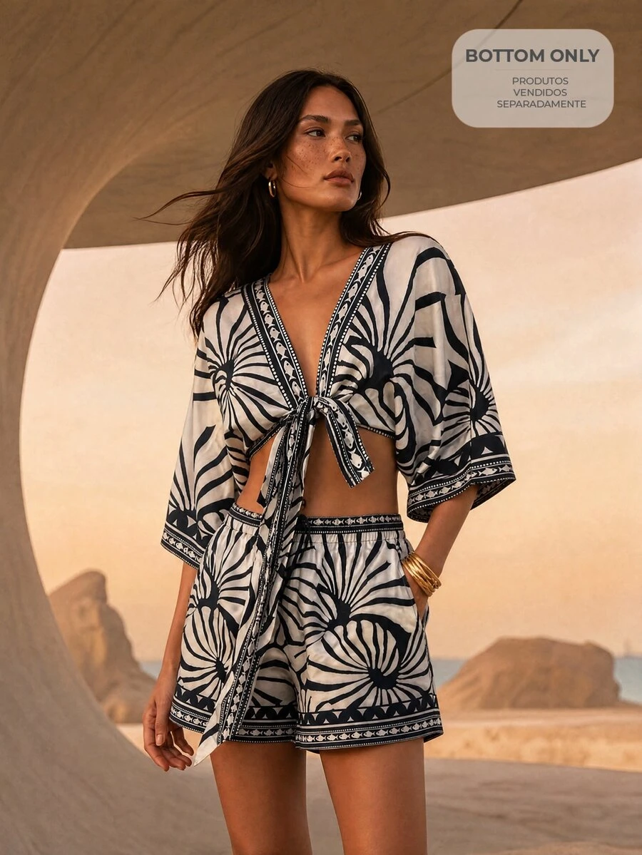CAJUNI Elastic-Waist Shorts With Drawstring, Casual Boho Summer Shorts, Seashell Print Beach Black And White - Black and White - View 1