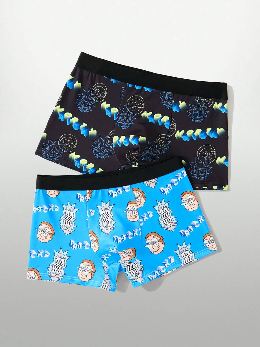 Rick and Morty X SHEIN 2pcs Cartoon Men's Boxer Briefs, Graffiti All-Over Print Youth Square Shorts - Black - View 1