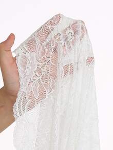 DelicateAllure Pink Long Short Sleeve Ruffle Sleeve Ruffle Trim Lace Patchwork Mesh Patchwork Tie-Up Pure Elegant Plus Size Nightgown - Pink - View 6