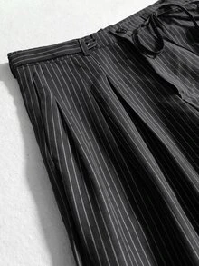 ROMWE MEN Essentials Men's Dark Striped Pleated Waist Tie Wide Leg Loose Pants - Navy Blue - View 7
