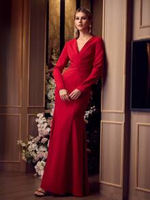 MOTF Soiréza WOMEN'S SOLID COLOR V-NECK PLEATED ELEGANT WAIST-CINCHING COCKTAIL PARTY DRESS - Red - View 5