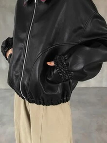 FRIFUL Women's Elegant PU Material Long Sleeve Jacket With Pockets And Zipper - Black - View 8