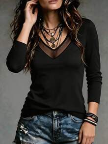 SHEIN Tall Fashion Women's V-Neck Sheer Mesh Patchwork Long Sleeve Black Fitted Top - Black - View 4