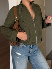 Dazy Plus Autumn Stand Collar Parka Jacket Green Button Decor Loose Casual Street Outdoor Denim Jacket - Army Green - View 2