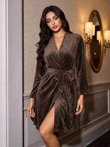 Livesso Women's Solid Color Long Sleeve Waist Tie Casual Robe - Coffee Brown - View 7