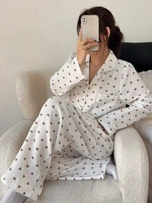 Napfluff Heart Print Lapel Long Sleeve Long Pants Pajama Set - Beige - View 9