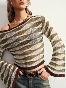 Bohemela Vintage Water Ripple Color Block Bell Sleeve Knit Pullover Sweater - Army Green - View 1