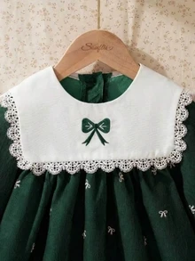 Souflis Souflis 幼女 A 字裙 可愛甜美 深綠色 蕾絲蝴蝶結印花 百褶長袖圓領 常規款 生日派對 秋季保暖 公主學院風 - 彩色 - 查看 3